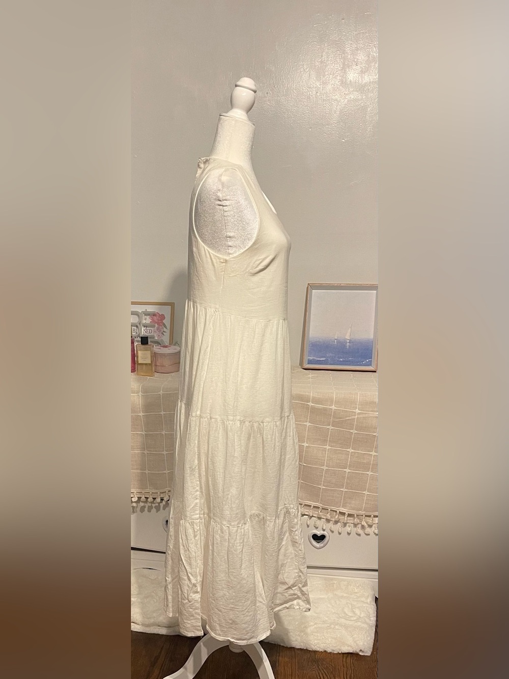 Sleeveless White Tiered Maxi Dress - Casual Summer Dress size S 100% cotton - Picture 5 of 14